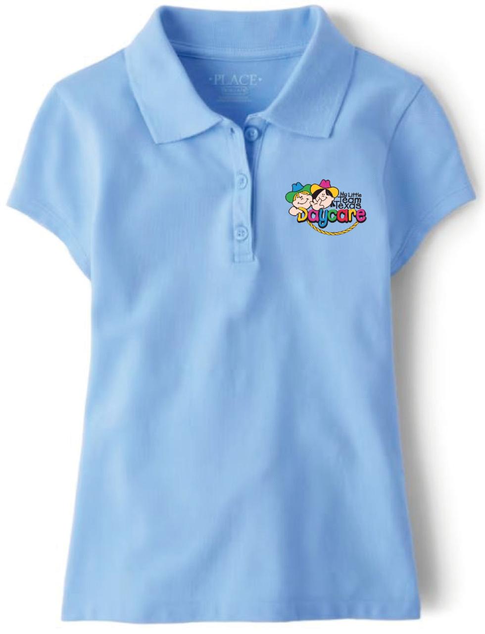 Light Blue (Daybreak) Short-Sleeve Polo Shirt Girls "My Little Team Texas Daycare"